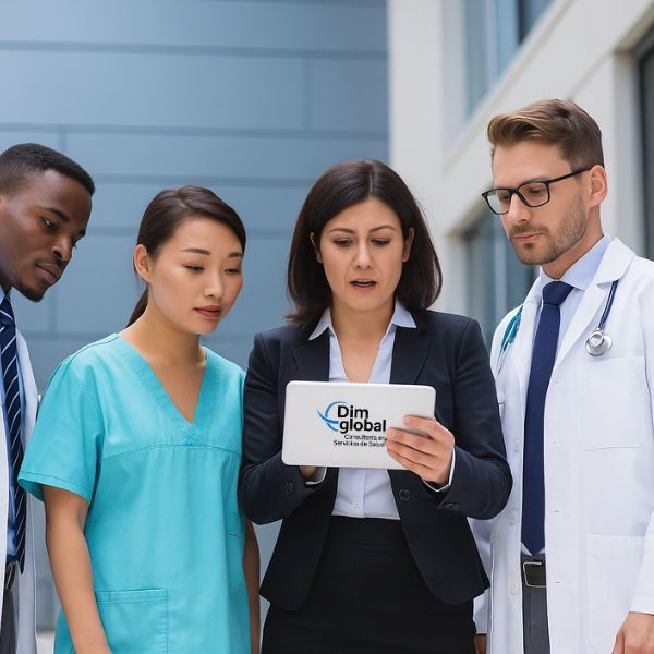 Consultora de Dim Global mostrando información a equipo médico