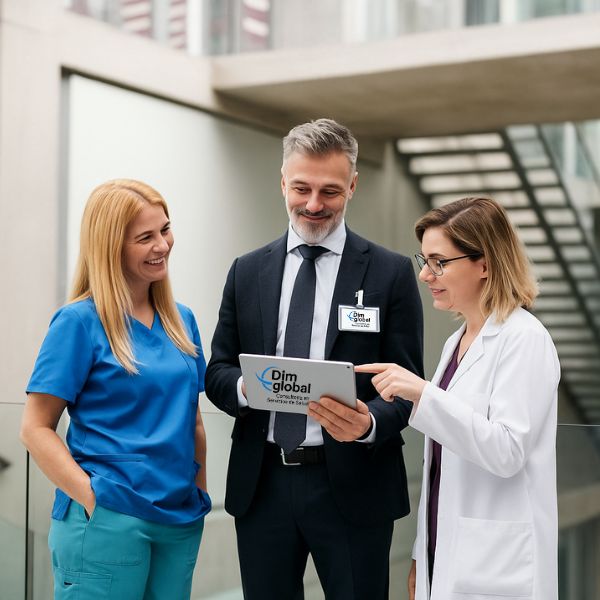 Equipo médico y consultor de Dim Global revisando información clínica